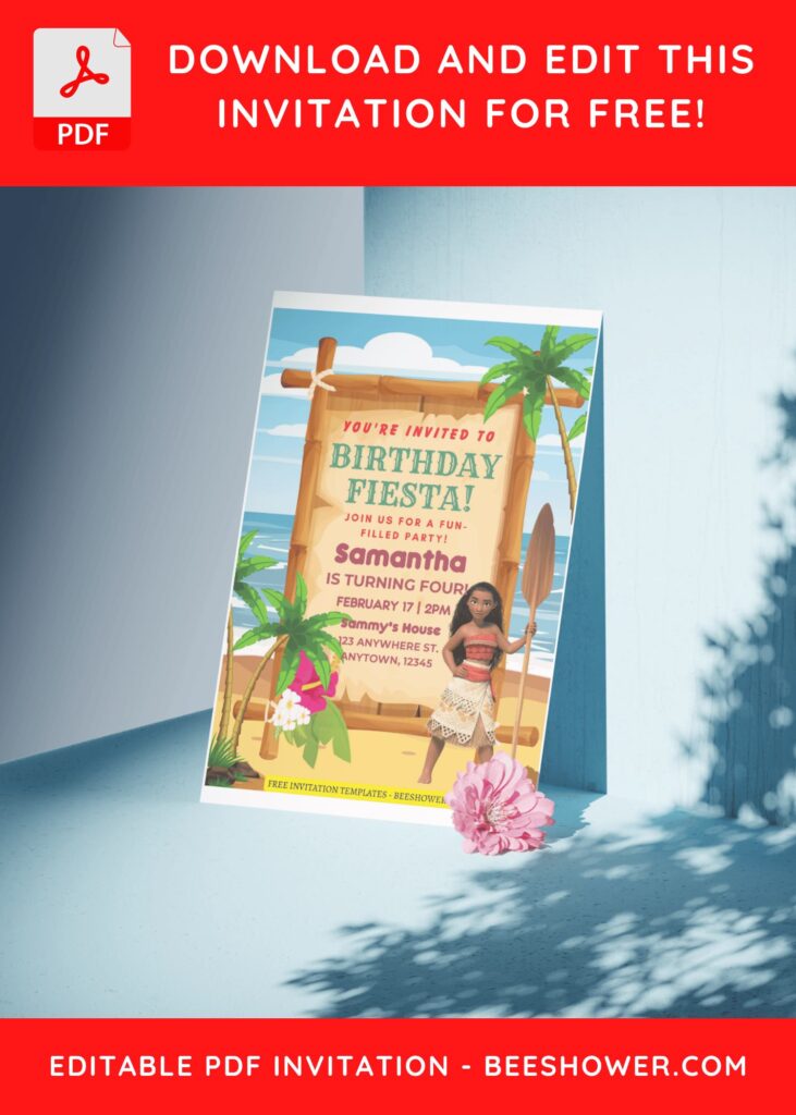 (Free Editable PDF) Moana Beach Birthday Party Invitation Templates C