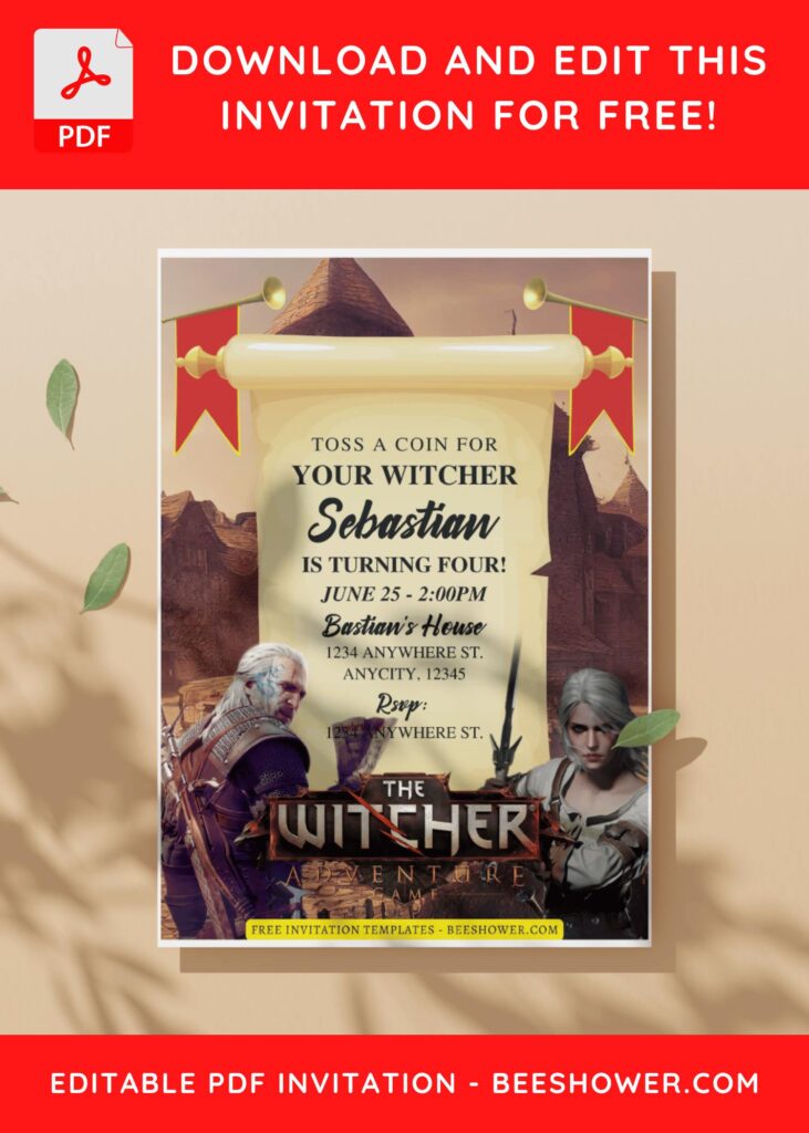 (Free Editable PDF) Magical The Witcher 3 Baby Shower Invitation Templates I