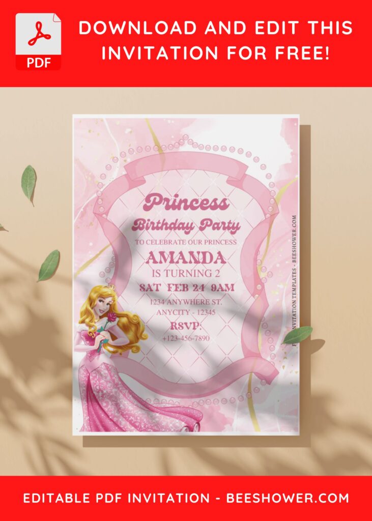 (Free Editable PDF) Lovely Aurora Sleeping Beauty Baby Shower Invitation Templates I