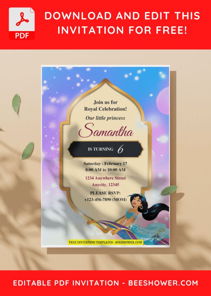 (Free Editable PDF) Shimmering Princess Jasmine Baby Shower Invitation Templates I