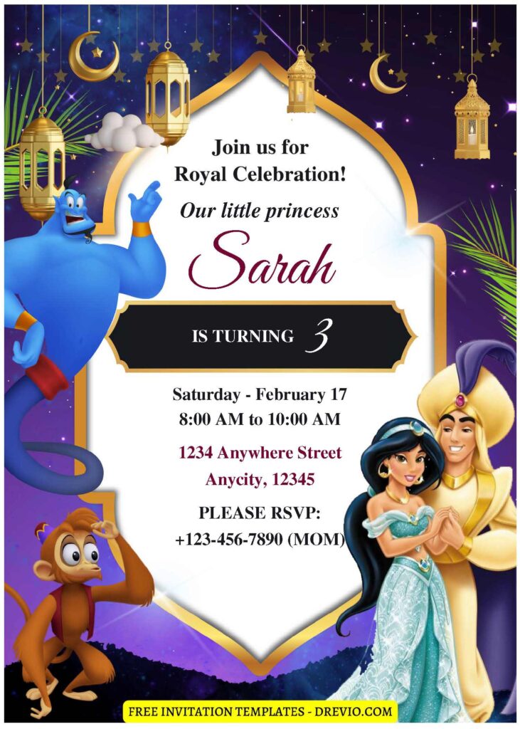(Free Editable PDF) Arabian Night Aladdin Baby Shower Invitation Templates D