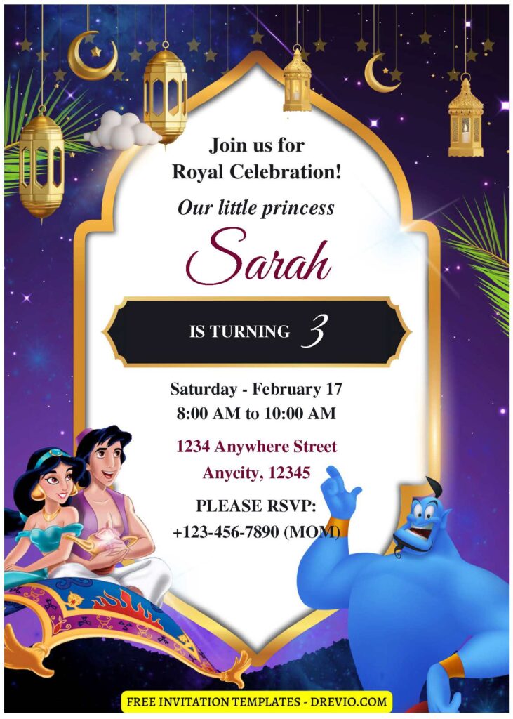 (Free Editable PDF) Arabian Night Aladdin Baby Shower Invitation Templates E