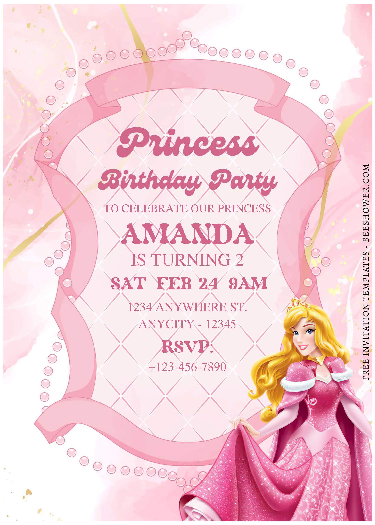 (Free Editable PDF) Lovely Aurora Sleeping Beauty Baby Shower Invitation Templates A