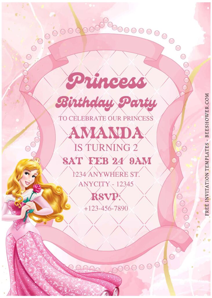 (Free Editable PDF) Lovely Aurora Sleeping Beauty Baby Shower Invitation Templates B