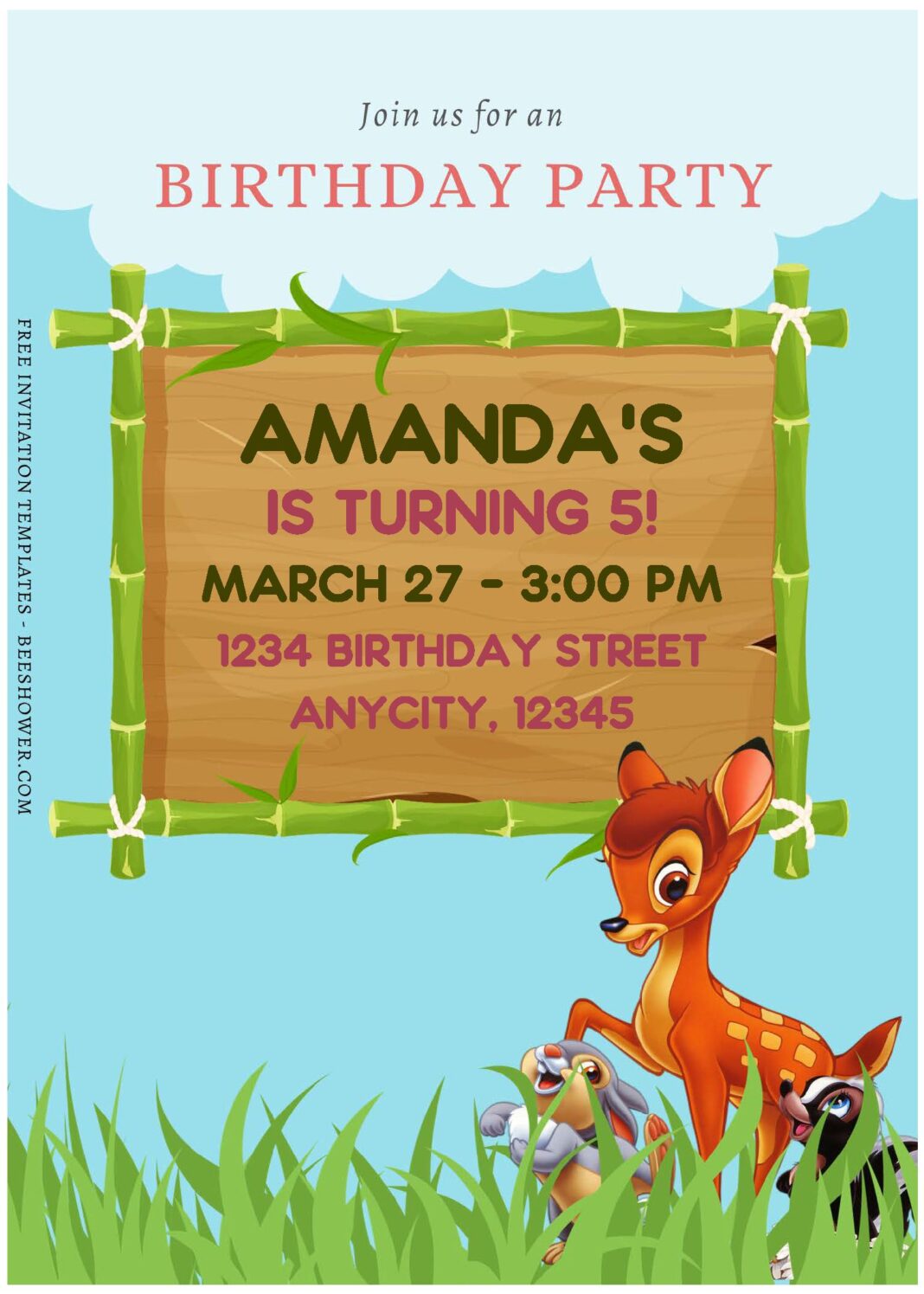 (Free Editable PDF) Disney Bambi Baby Shower Invitation Templates ...