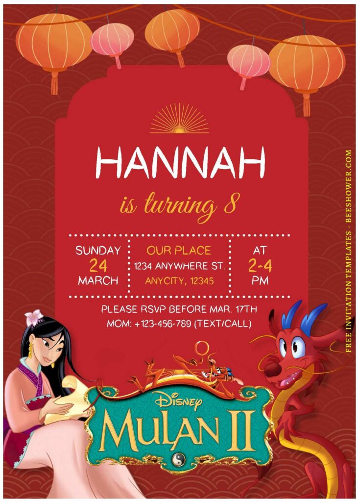 (Free Editable PDF) Festive Disney Mulan Baby Shower Invitation Templates J