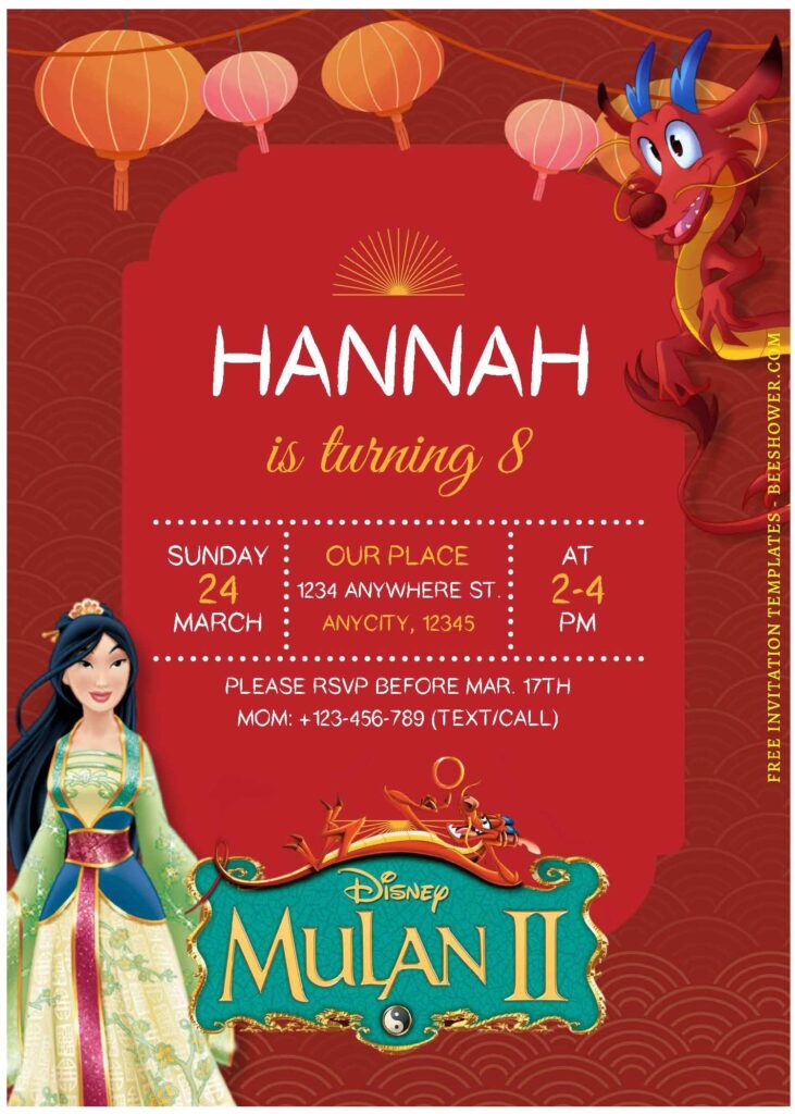 (Free Editable PDF) Festive Disney Mulan Baby Shower Invitation Templates A