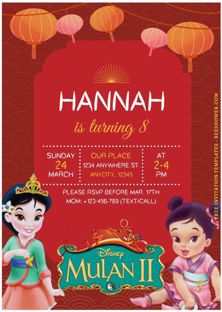 (Free Editable PDF) Festive Disney Mulan Baby Shower Invitation Templates B