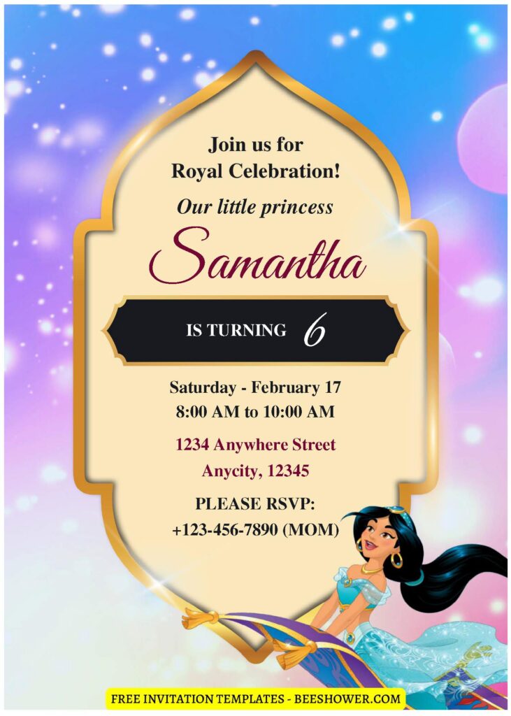 (Free Editable PDF) Shimmering Princess Jasmine Baby Shower Invitation Templates J