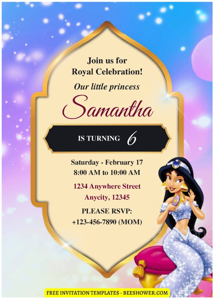(Free Editable PDF) Shimmering Princess Jasmine Baby Shower Invitation Templates A