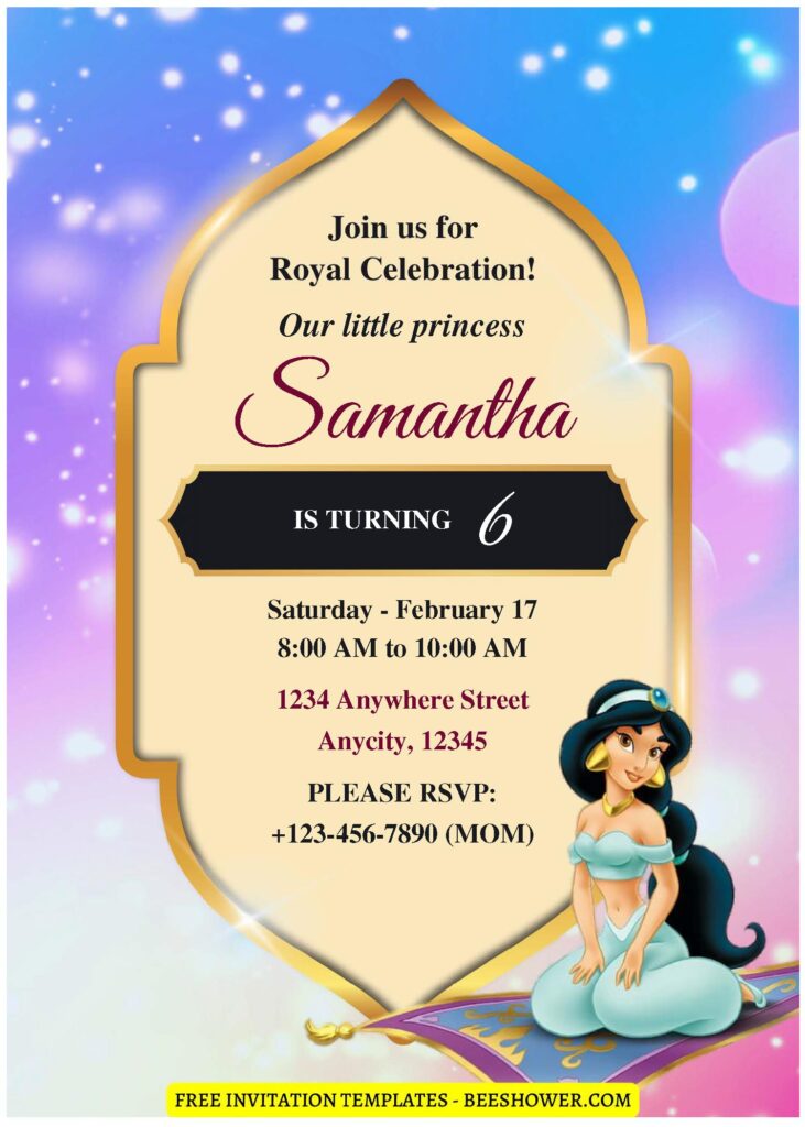 (Free Editable PDF) Shimmering Princess Jasmine Baby Shower Invitation Templates B