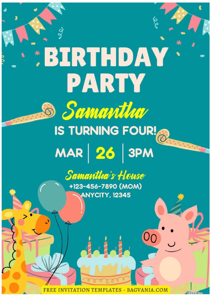 (Free Editable PDF) Joyful Party Animals Baby Shower Invitation Templates E