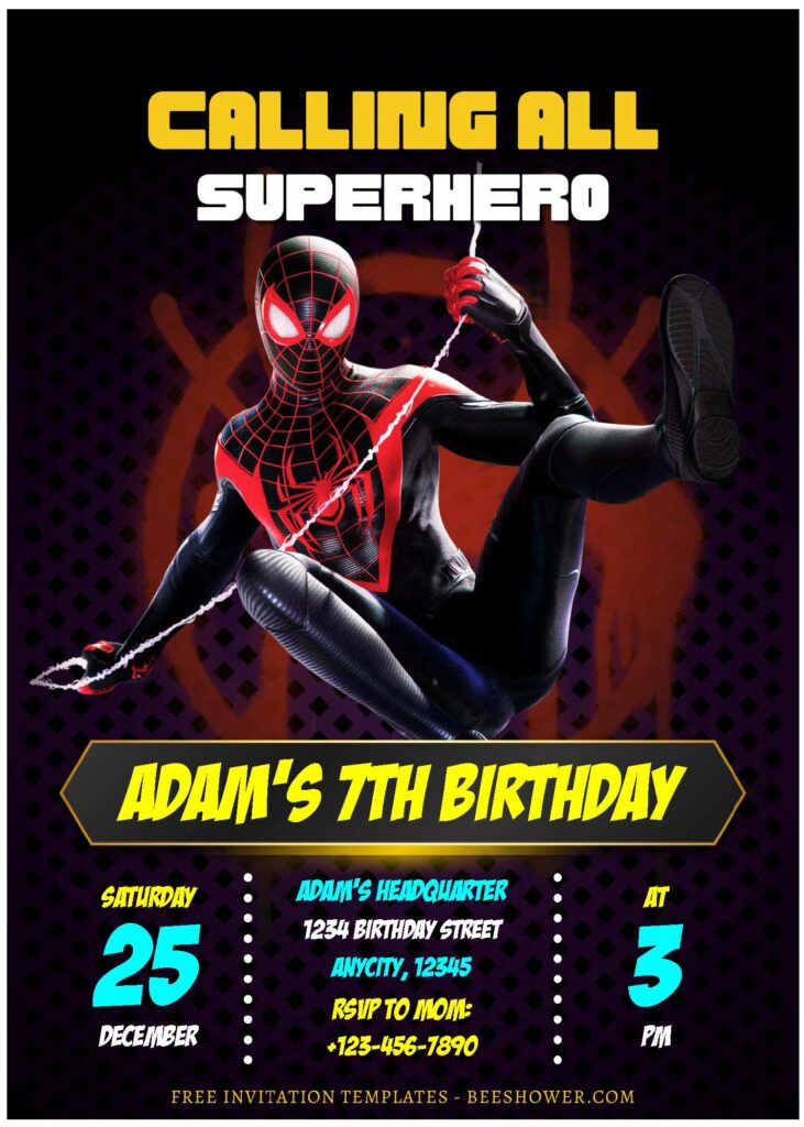 (Free Editable PDF) Awesome Miles Morales Spiderman Baby Shower Invitation Templates A