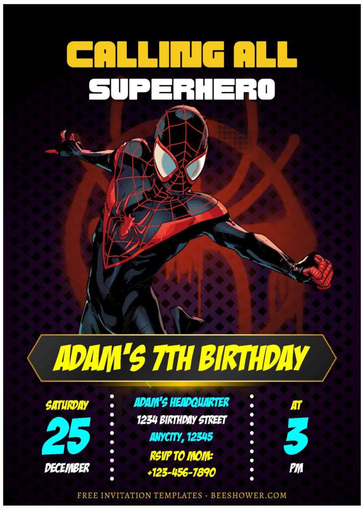 (Free Editable PDF) Awesome Miles Morales Spiderman Baby Shower Invitation Templates B