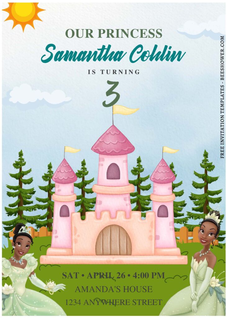 (Free Editable PDF) Charming Princess Tiana Baby Shower Invitation Templates D