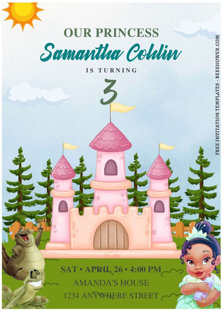 (Free Editable PDF) Charming Princess Tiana Baby Shower Invitation Templates F