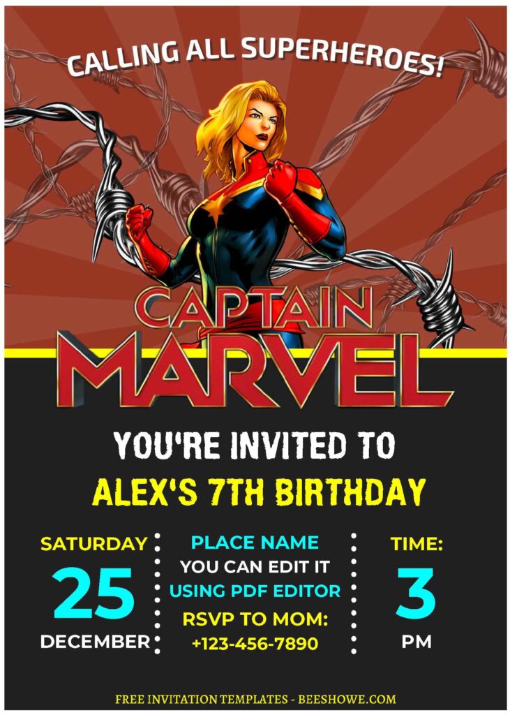 (Free Editable PDF) Brave Captain Marvel Baby Shower Invitation Templates D