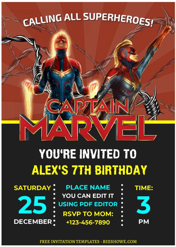 (Free Editable PDF) Brave Captain Marvel Baby Shower Invitation Templates E