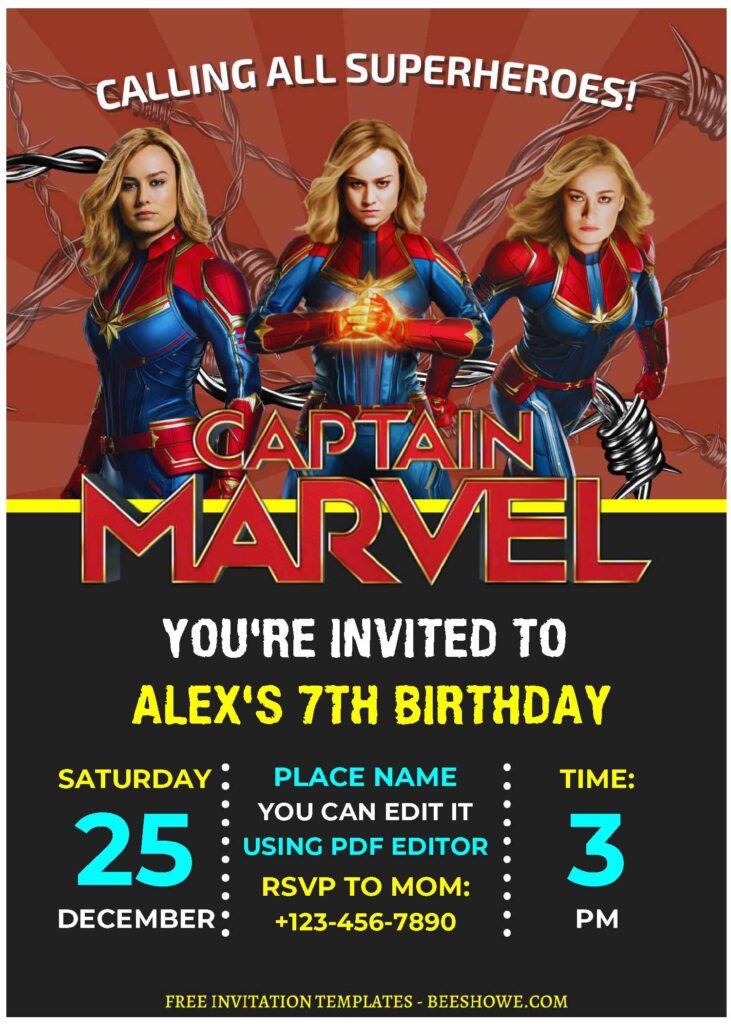 (Free Editable PDF) Brave Captain Marvel Baby Shower Invitation Templates F