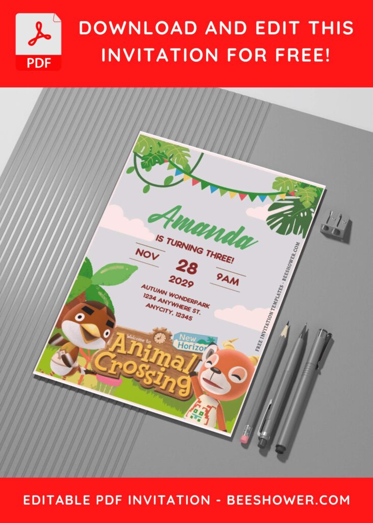 (Free Editable PDF) Animal Crossing Adventure Baby Shower Invitation Templates G