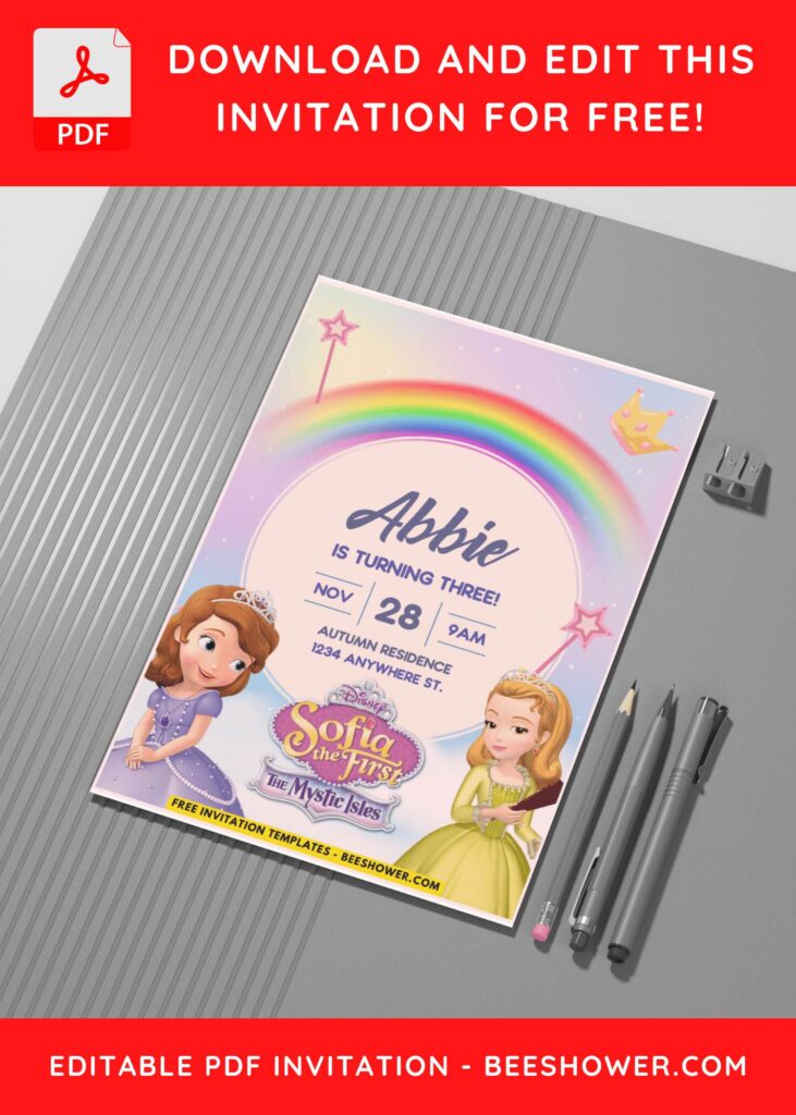 (Easily Edit PDF Invitation) Rainbow Sofia The First Birthday Invitation G