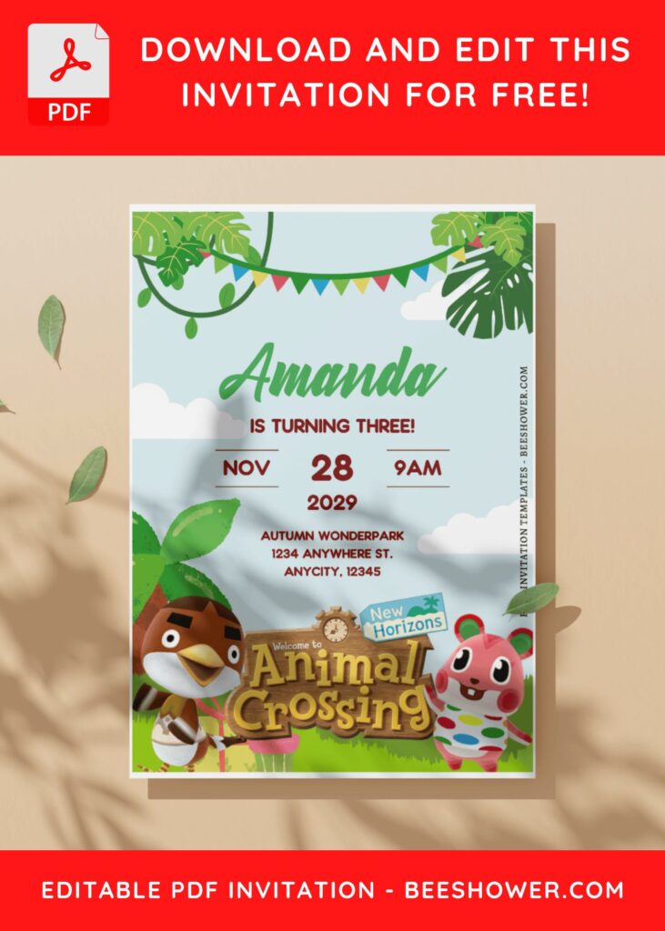 (Free Editable PDF) Animal Crossing Adventure Baby Shower Invitation Templates C