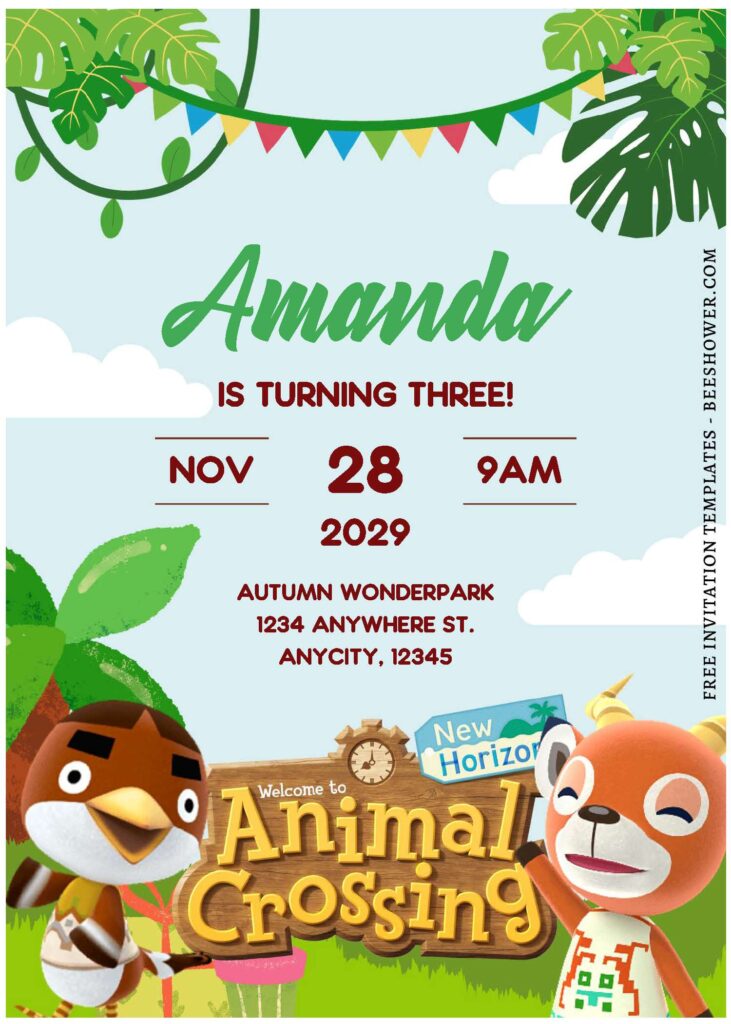 (Free Editable PDF) Animal Crossing Adventure Baby Shower Invitation Templates D