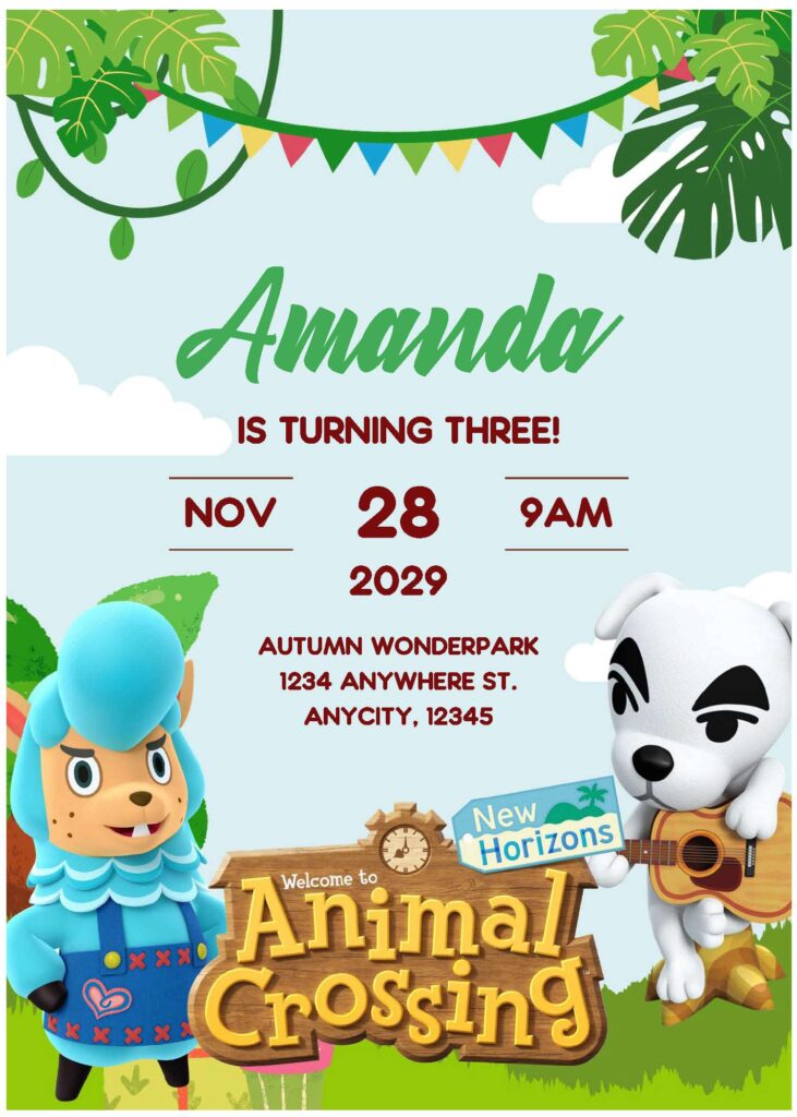 (Free Editable PDF) Animal Crossing Adventure Baby Shower Invitation Templates E