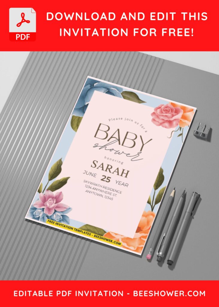 (Easily Edit PDF Invitation) Rustic Dusty Blue Floral Baby Shower Invitation A