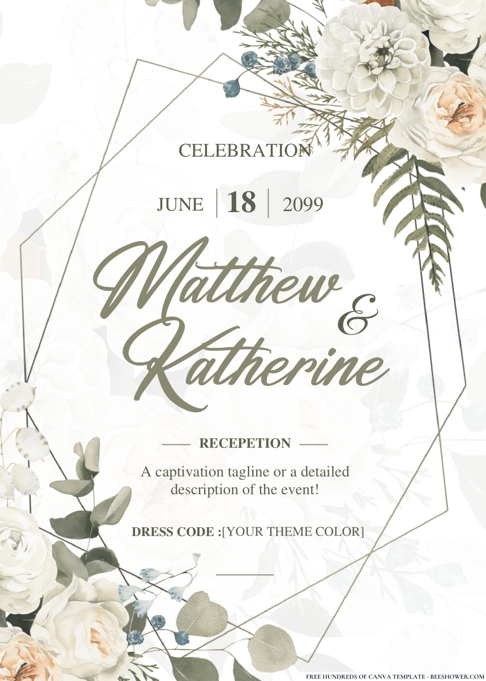 White Roses and Greenery Wedding Invitation