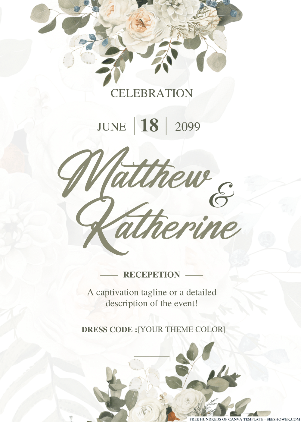 White Roses and Greenery Wedding Invitation