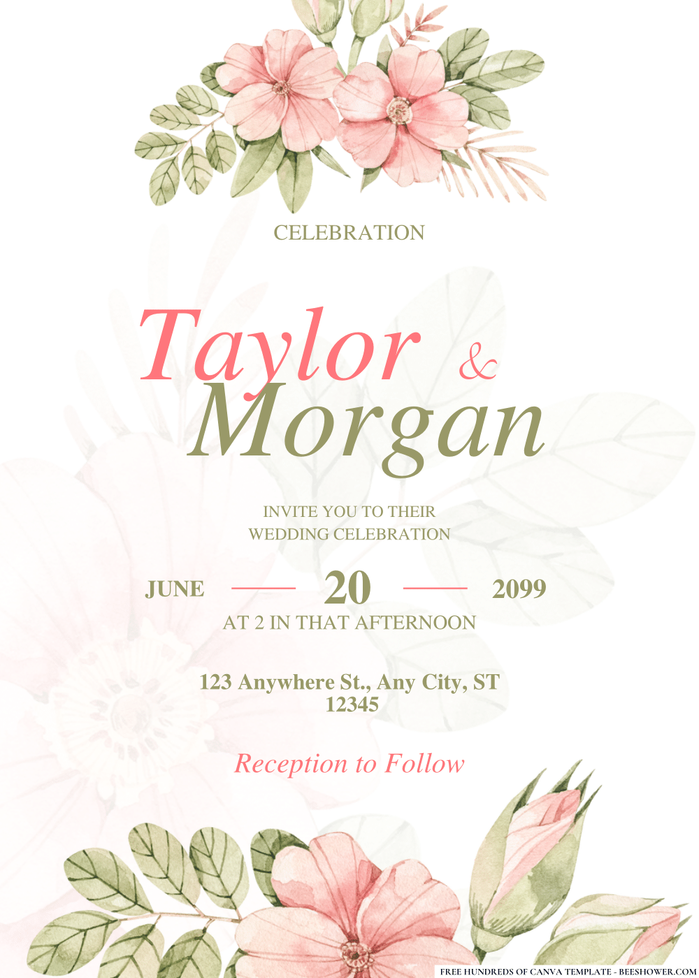 Green Pink Watercolor Floral Wedding Invitation