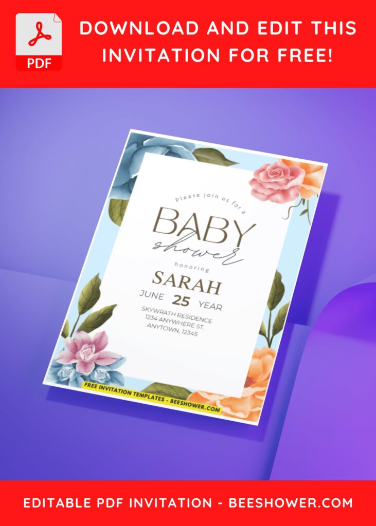 (Easily Edit PDF Invitation) Rustic Dusty Blue Floral Baby Shower Invitation B