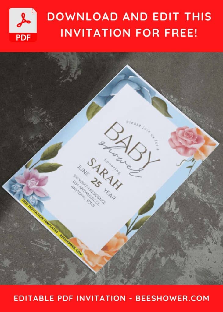 (Easily Edit PDF Invitation) Rustic Dusty Blue Floral Baby Shower Invitation C
