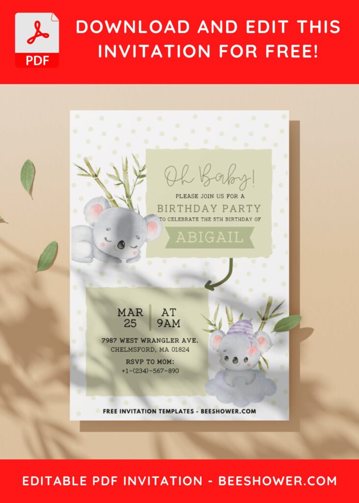 (Easily Edit PDF Invitation) Cute Baby Koala Baby Shower Invitation C