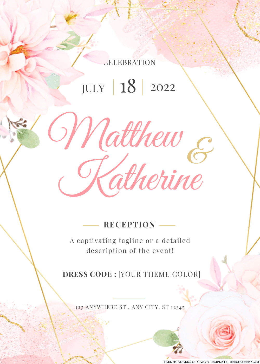 Pink and Gold Rose Garden Wedding Invitation