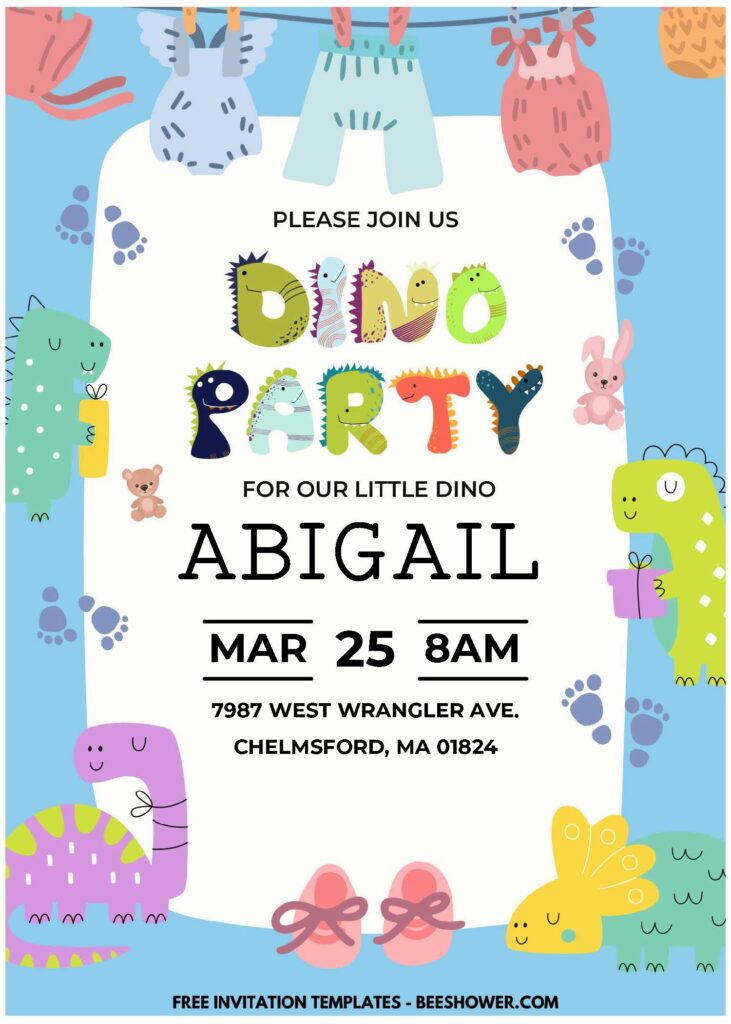 (Easily Edit PDF Invitation) Lovely Cute Dinosaur Baby Shower Invitation F