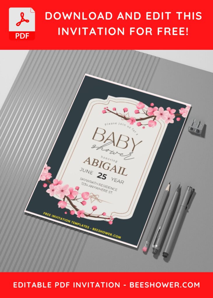 (Easily Edit PDF Invitation) Japanese Sakura Baby Shower Invitation G