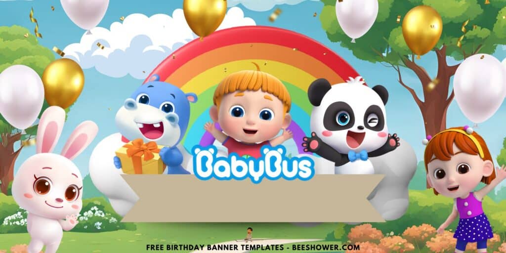 (Free Canva Template) Magical Rainbow BabyBus Birthday Backdrop Templates B