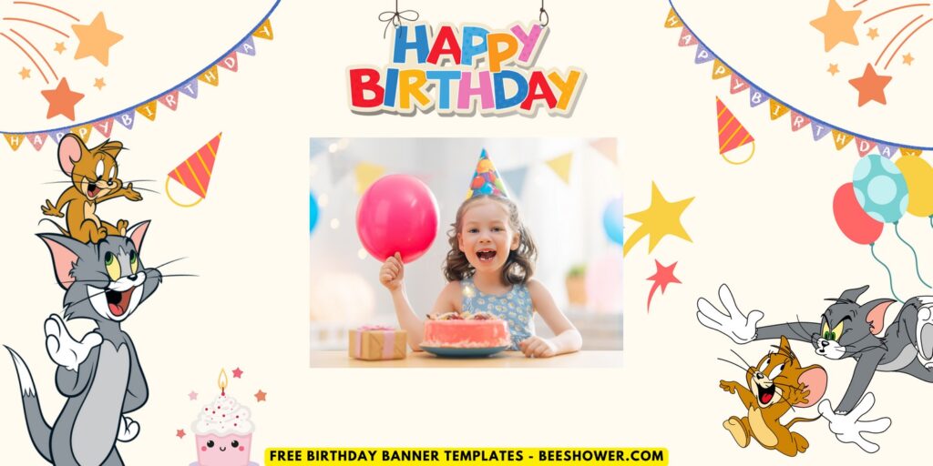 (Free Canva Template) Cutesy Tom And Jerry Birthday Banner Templates D