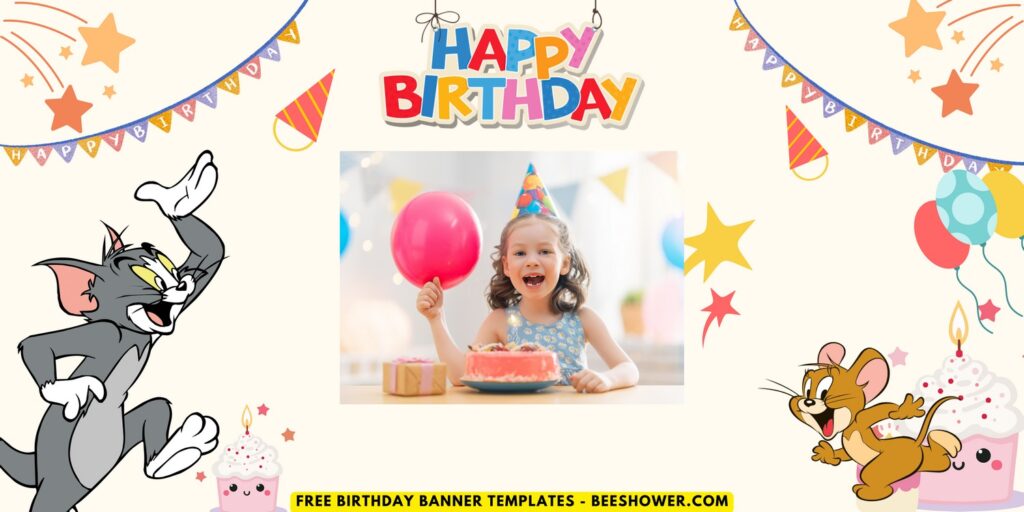 (Free Canva Template) Cutesy Tom And Jerry Birthday Banner Templates E