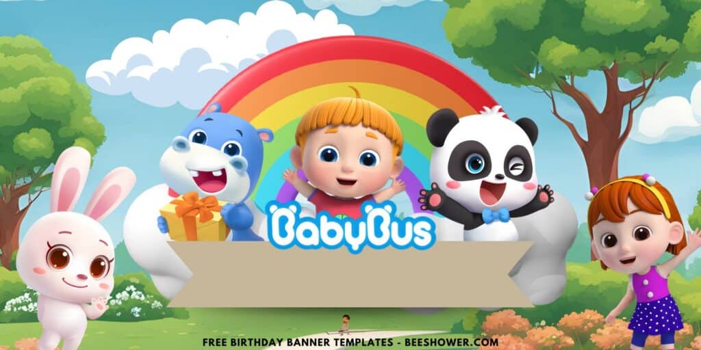 (Free Canva Template) Magical Rainbow BabyBus Birthday Backdrop Templates C