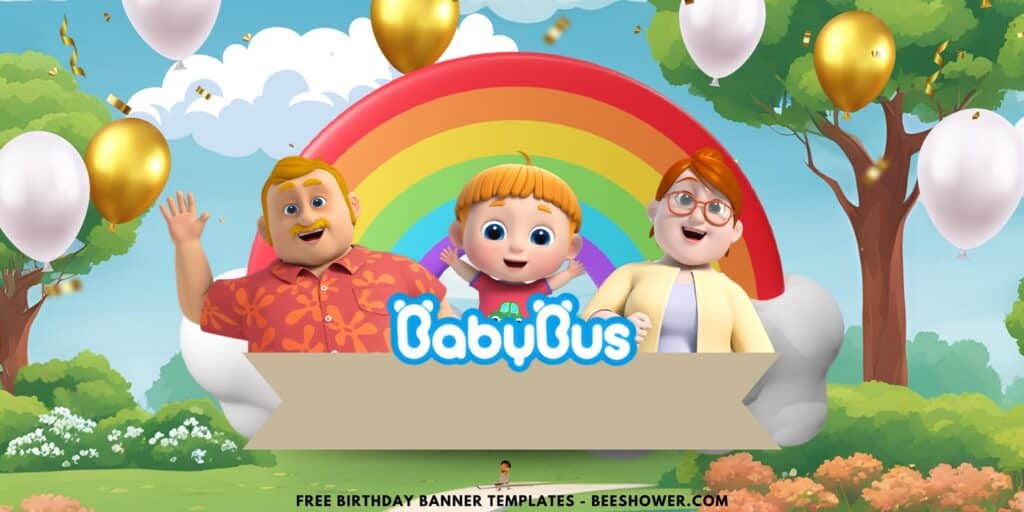 (Free Canva Template) Magical Rainbow BabyBus Birthday Backdrop Templates E