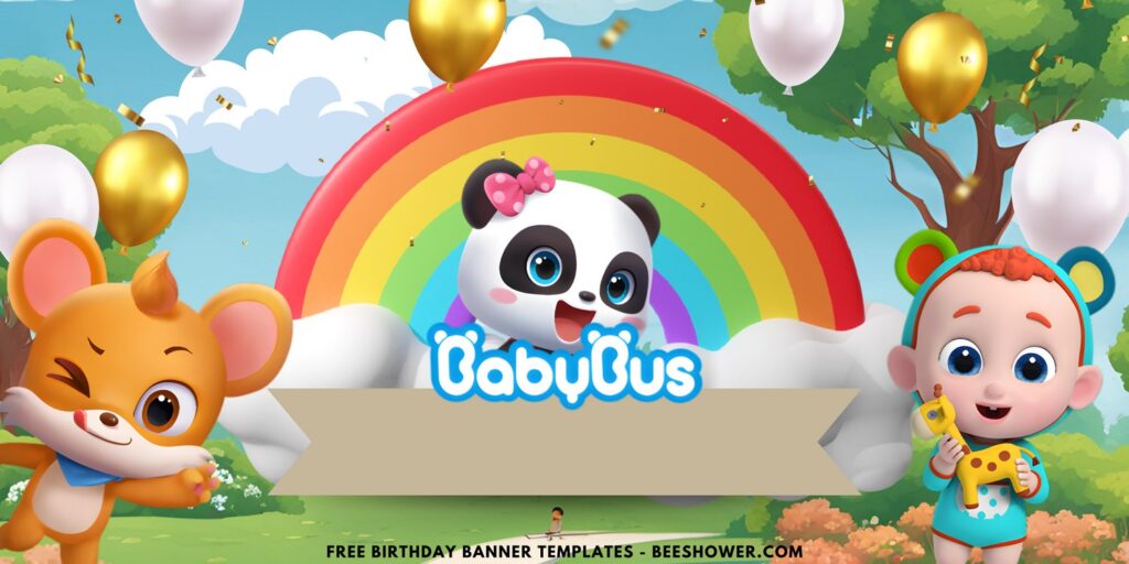 (Free Canva Template) Magical Rainbow BabyBus Birthday Backdrop Templates F