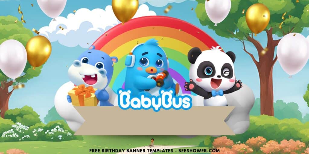 (Free Canva Template) Magical Rainbow BabyBus Birthday Backdrop Templates I