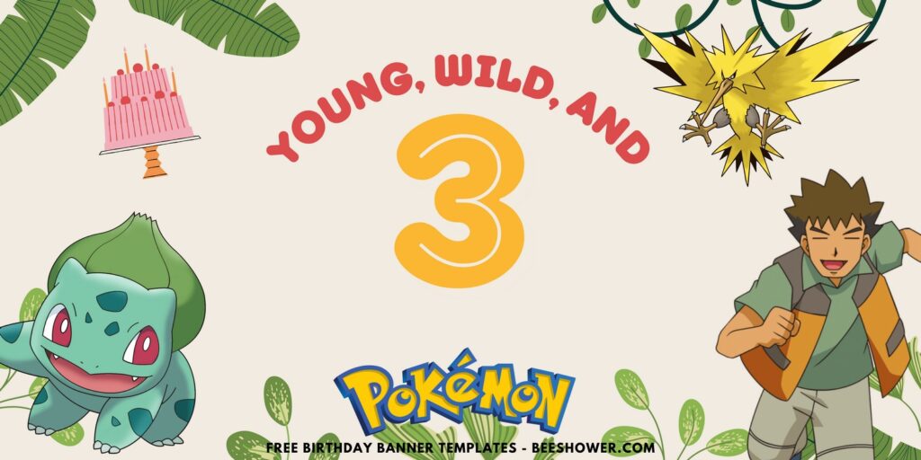 (Free Canva Template) Lovely Pokemon Jungle Bash Birthday Banner Templates J