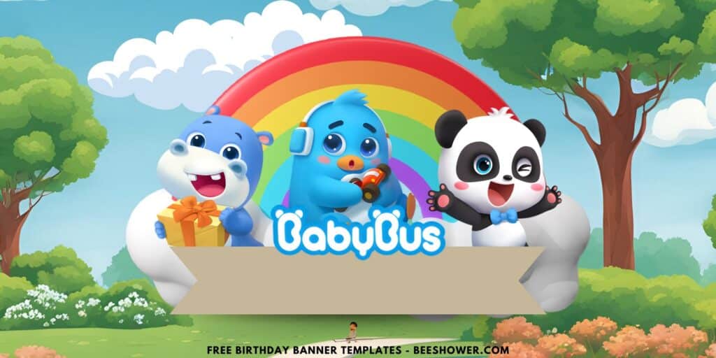 (Free Canva Template) Magical Rainbow BabyBus Birthday Backdrop Templates J