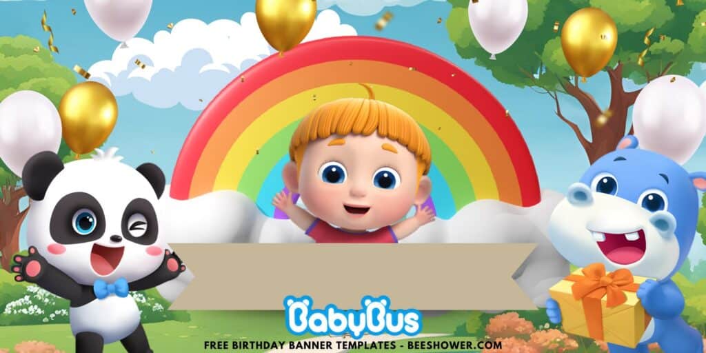 (Free Canva Template) Magical Rainbow BabyBus Birthday Backdrop Templates K