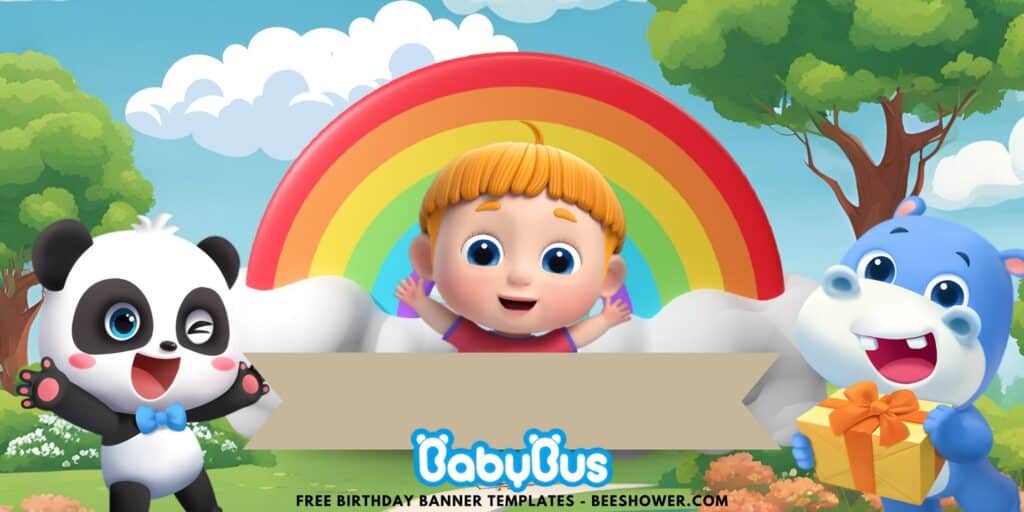 (Free Canva Template) Magical Rainbow BabyBus Birthday Backdrop Templates A