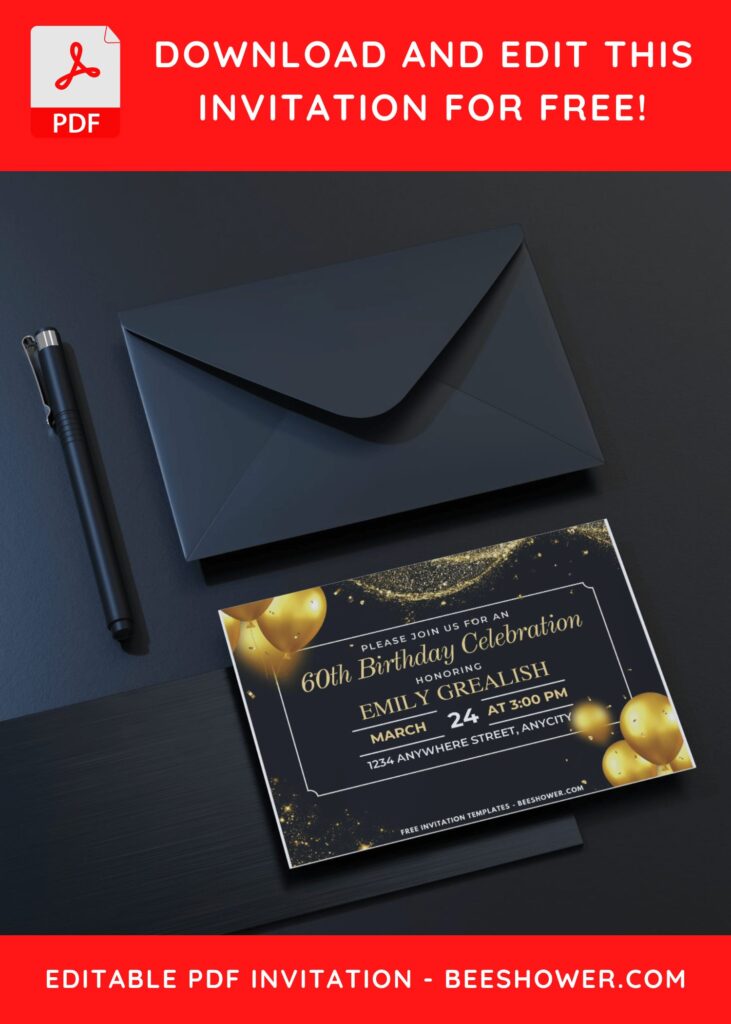 1 10 - Downloadable (Free PDF Invitation) Fancy Gold 60 Birthday Invitation - Template No. 36